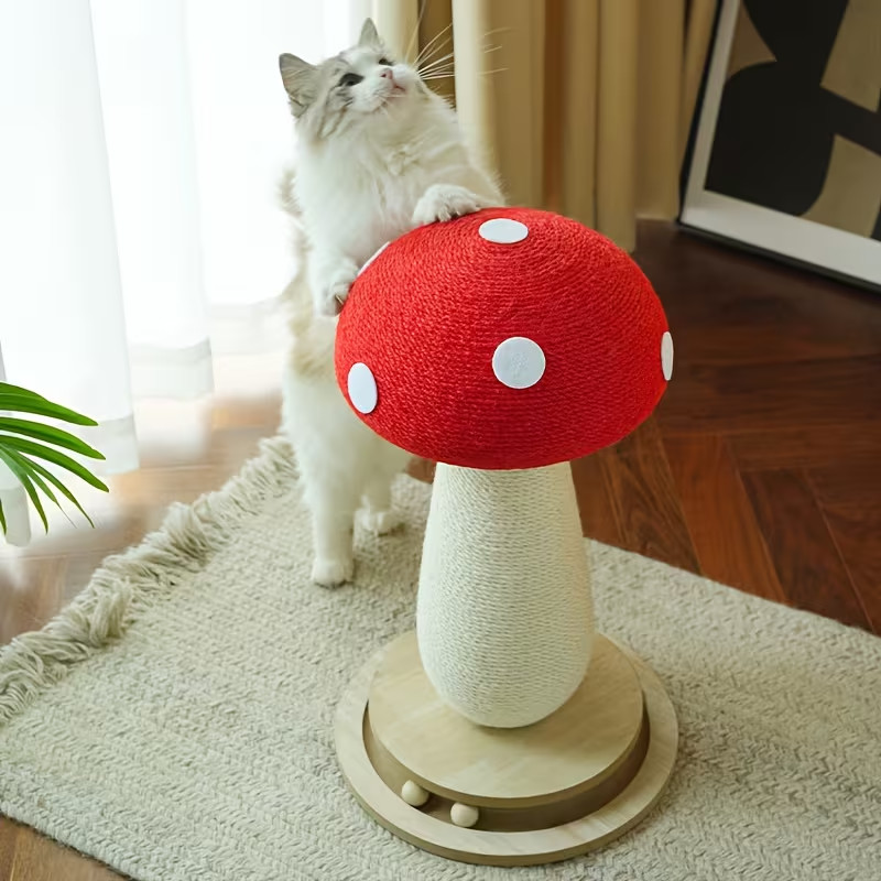 Cat Scratching Post - Red Mushroom with Interactive Turntable & Sisal Surface