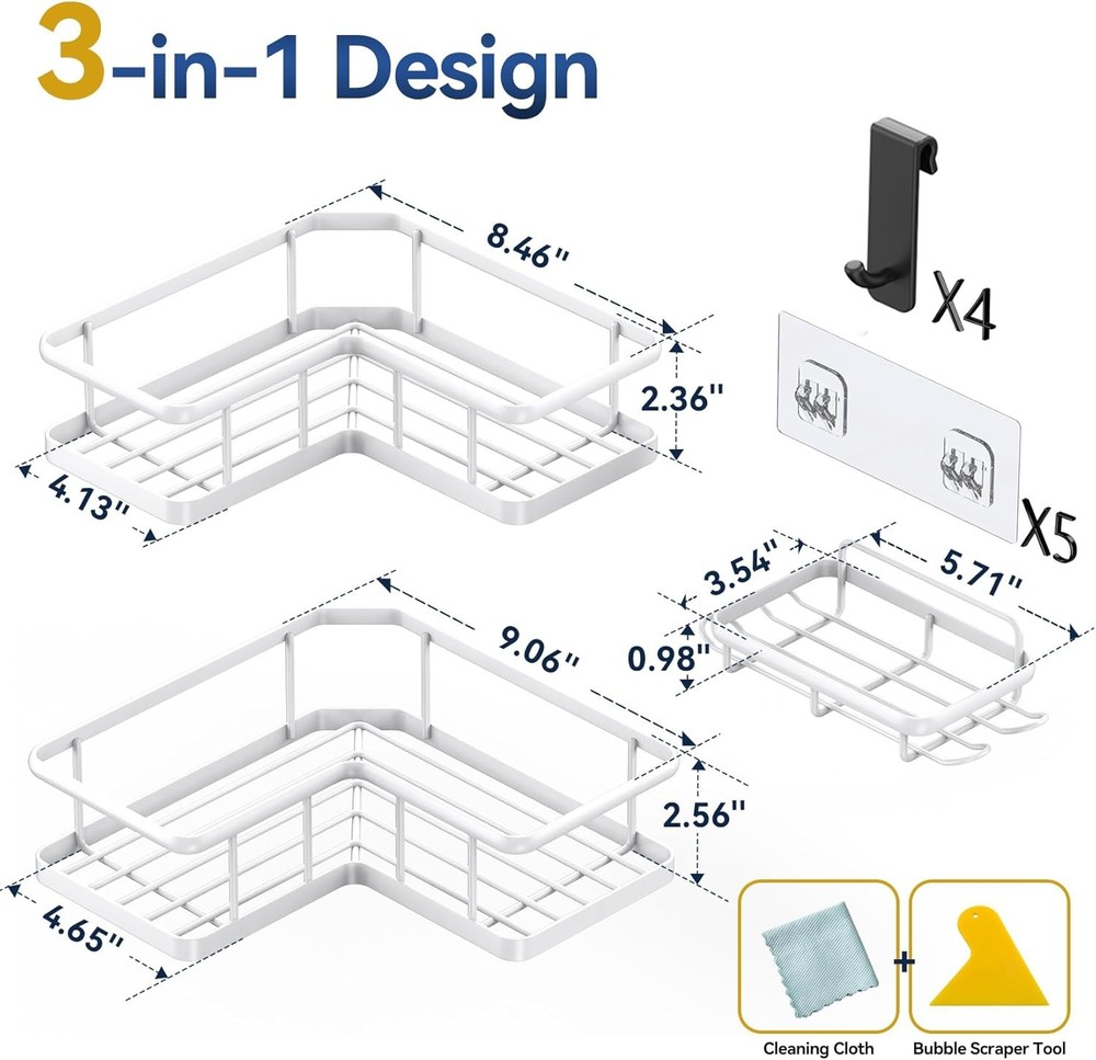 Corner Shower Caddy Organizer, 3-Pack Self-Adhesive Rustproof