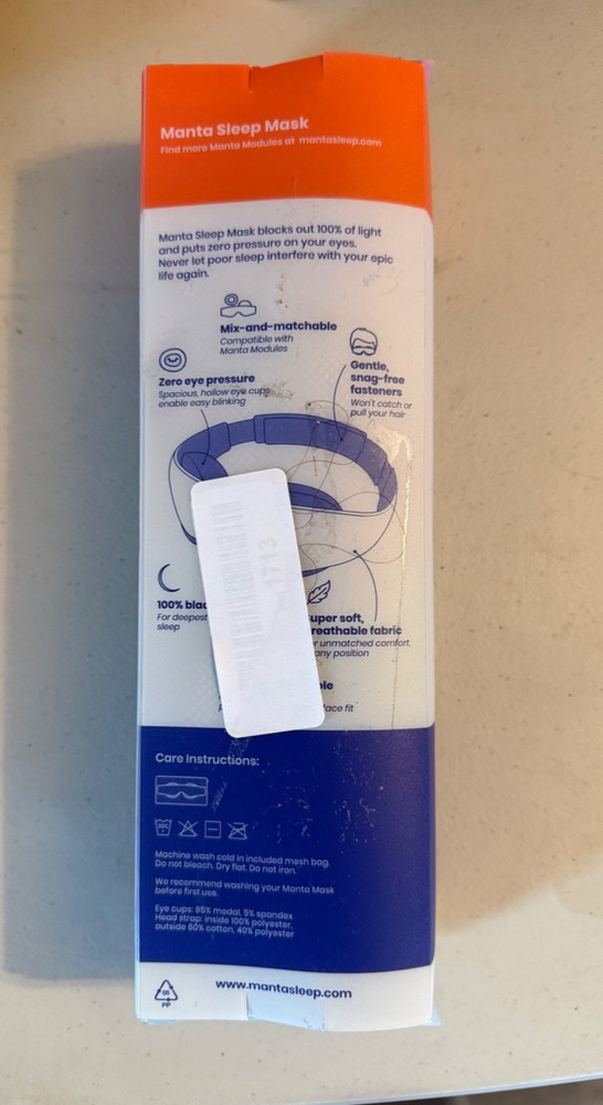 Manta Sleep Mask 100% Light Blocking Mask Zero Eye Pressure Adj. Open Box. NEW