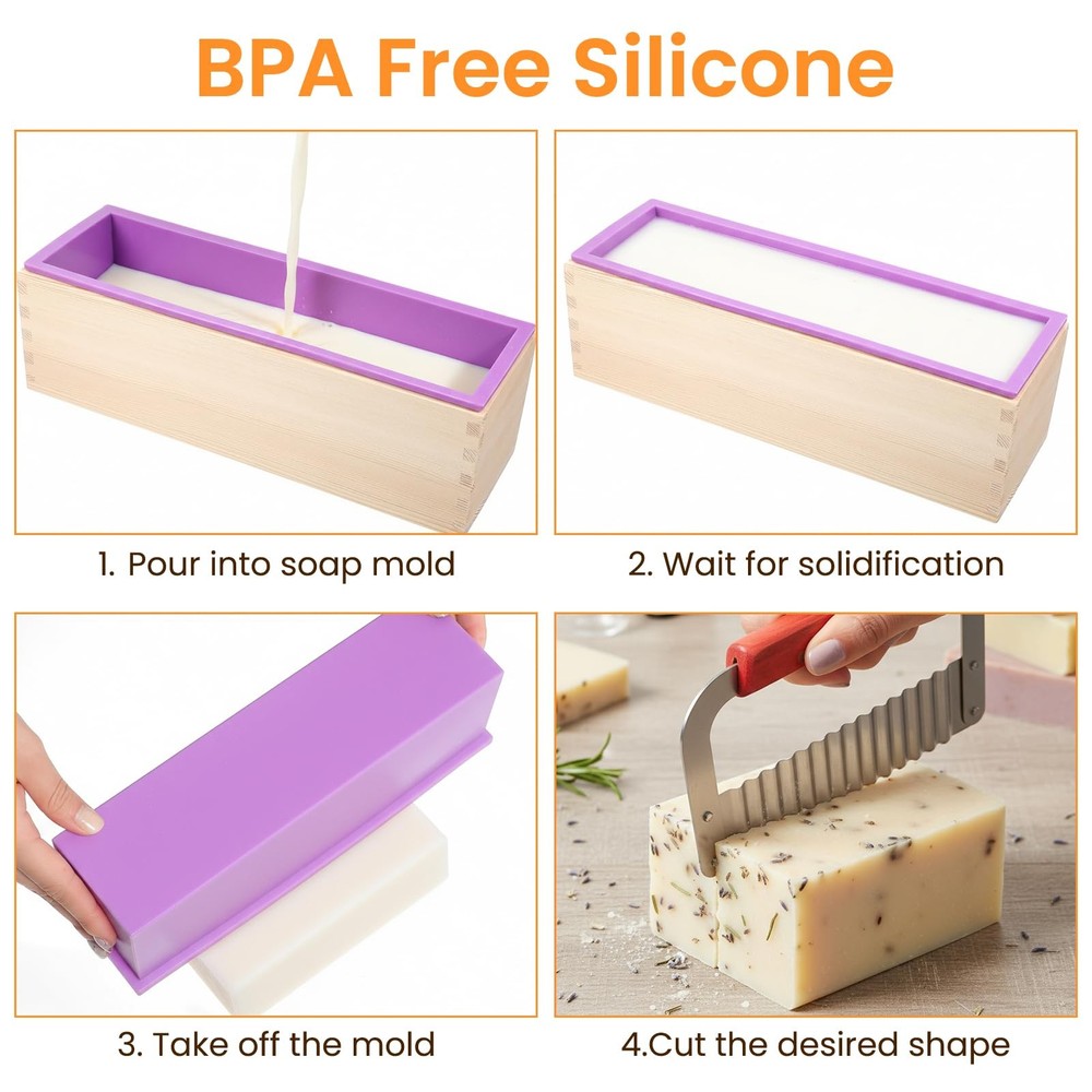 2 Pcs Rectangular Loaf Soap Molds Kit with Wooden Box, 42oz Flexible Silicone...