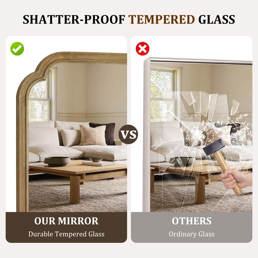 Wood Frame Wall Mirror Rounded Corner Arch Rectangle Mirror for Entryway, Liv...