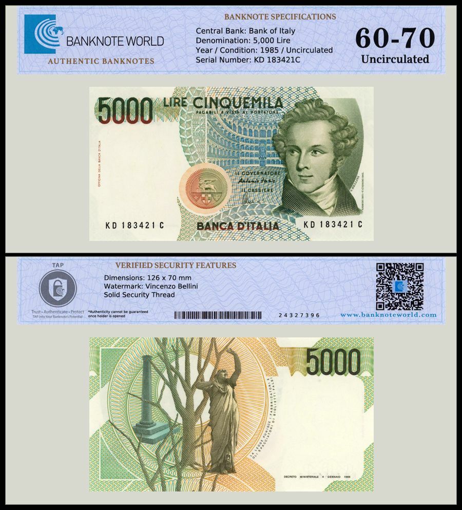 Italy 5000 Lire, 1985, P-111c, UNC, Authenticated Banknote