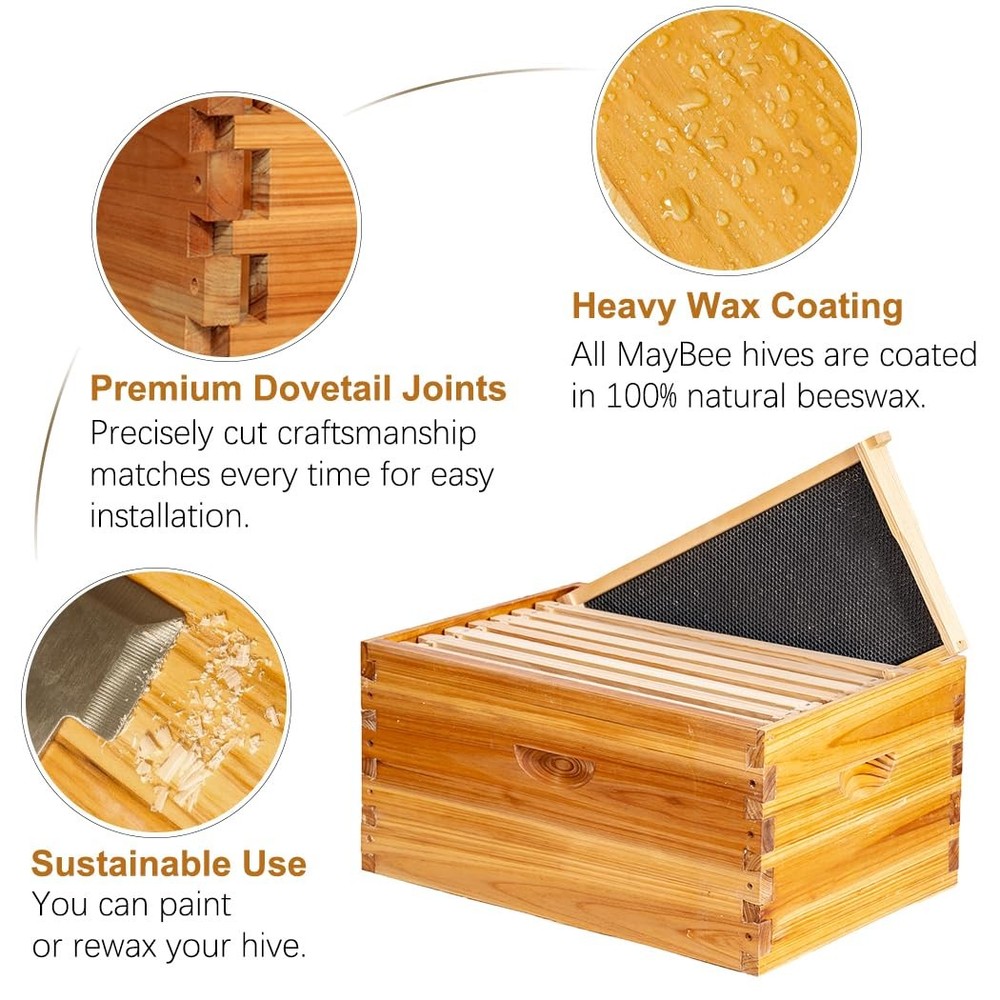 10-Frame Beehive Box Langstroth Deep Brood Box Dipped in 100% Beeswax Include...