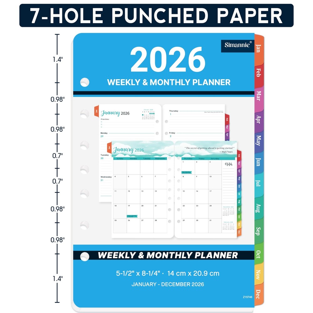 2026 Planner Refills - A5 Inserts with 7-Hole Punched, JAN A5, Blue