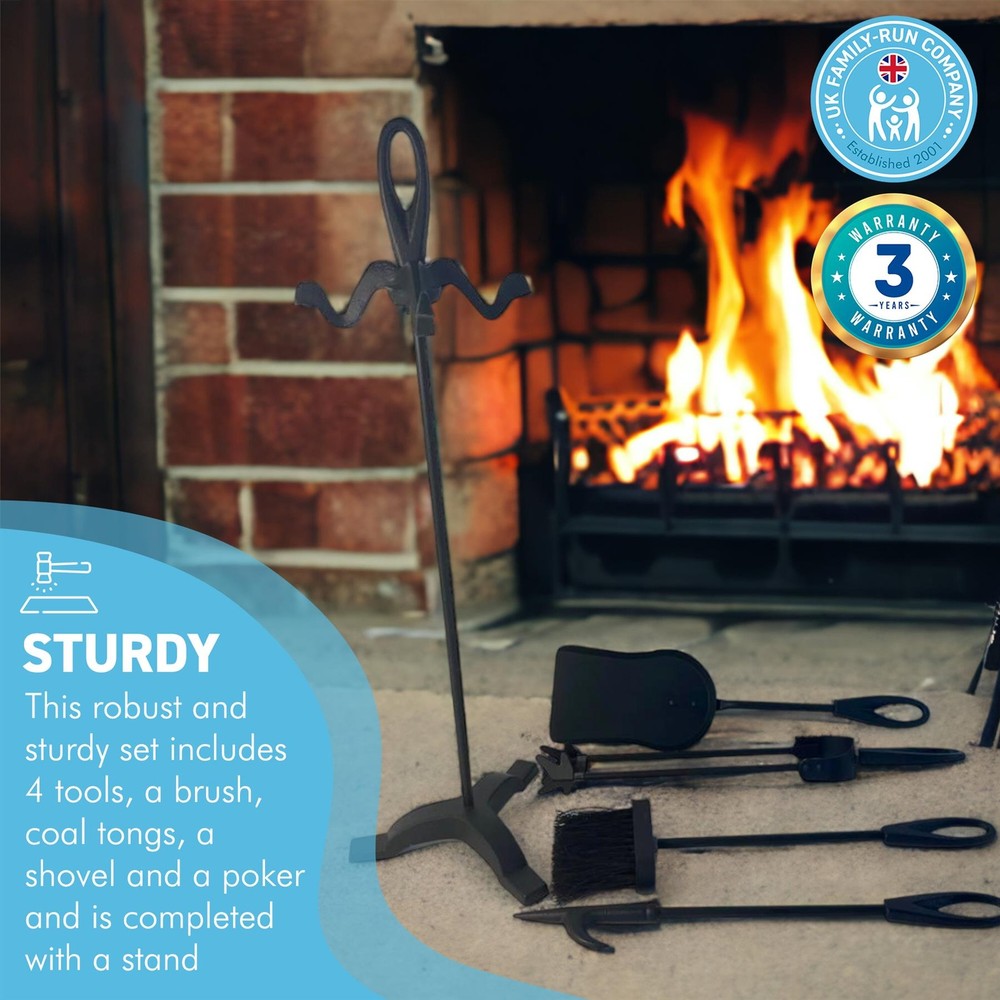 Large Five-piece metal black loop-handled Fireplace Companion Set
