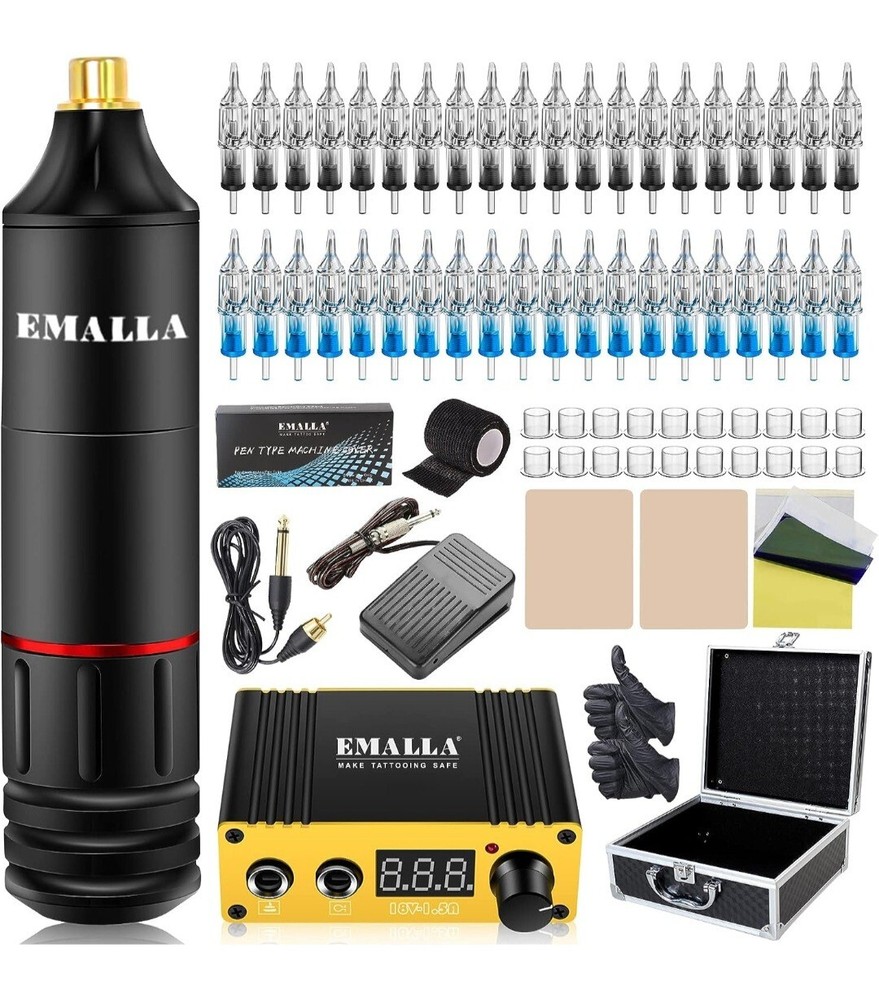 EMALLA Complete Rotary Machine Kit with Power Supply, 40Pcs Needles, Practice...