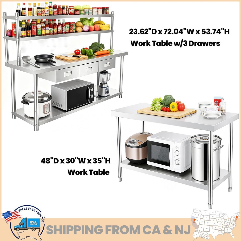 Stainless Steel Work Table 48"/72" Prep Worktable Workbench for Kitchen Garage