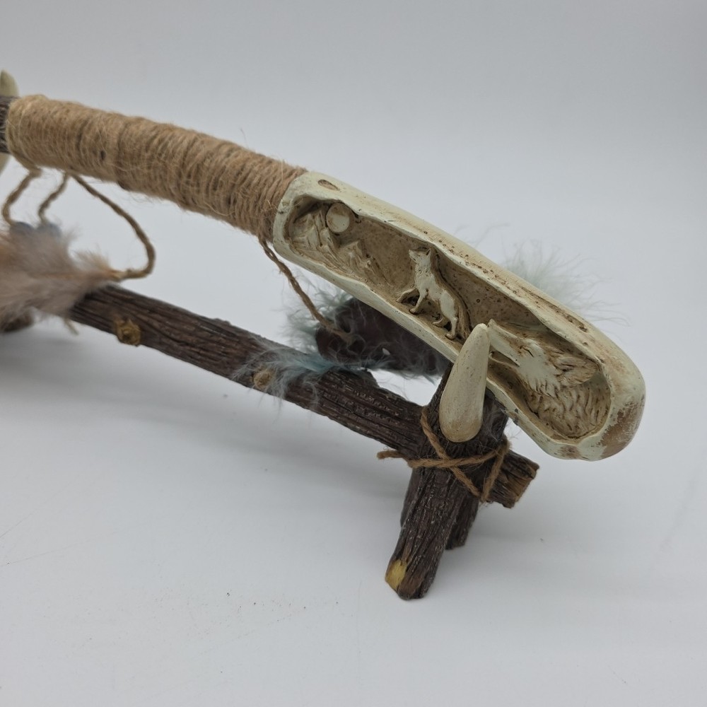 Decorative tribal tomahawk axe primitive bone handle feather display stand