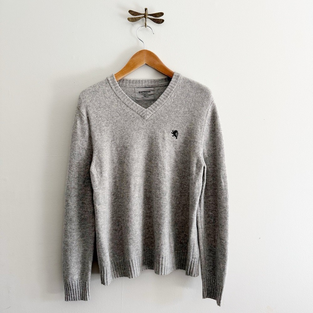 Express Men’s Wool Grey V Neck Knit Pullover Sweater Large