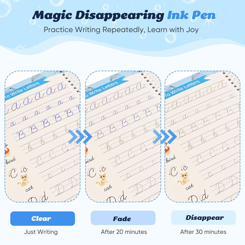 3 Pack Grooved Cursive Handwriting Workbooks - Magic Ink Disappearing Cursive Tr