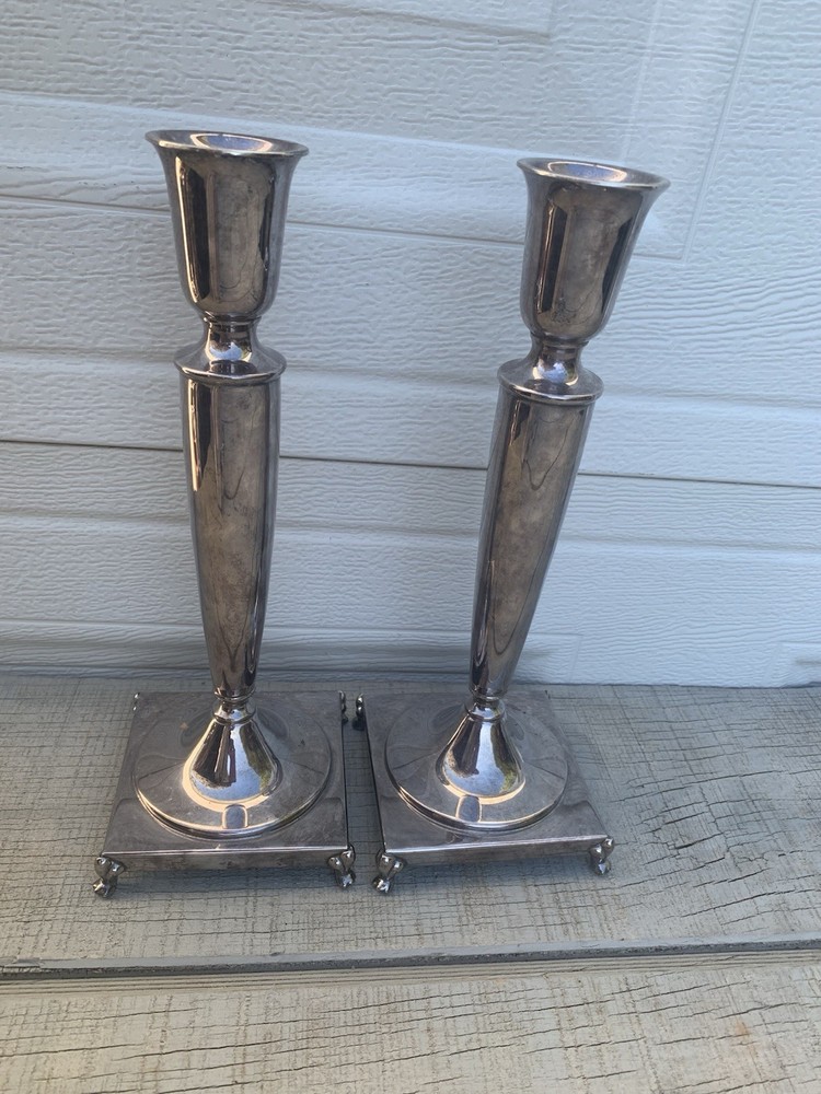 Crescent Silver Plated Candlesticks Pair 10.5”Art Deco Pew Footed Square Base