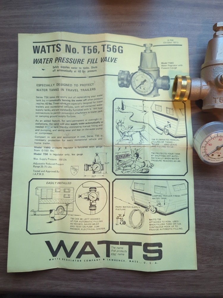 Watts No. T56, T56G Water Pressure Fill Valve Regulator For Recreational Vehicle