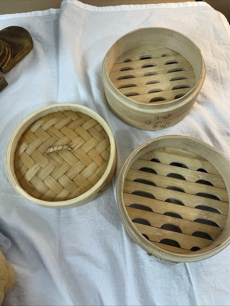 2 Tiered Bamboo Stackable Steamer with Lid 6 Inch Diameter 1.5 Inches Deep