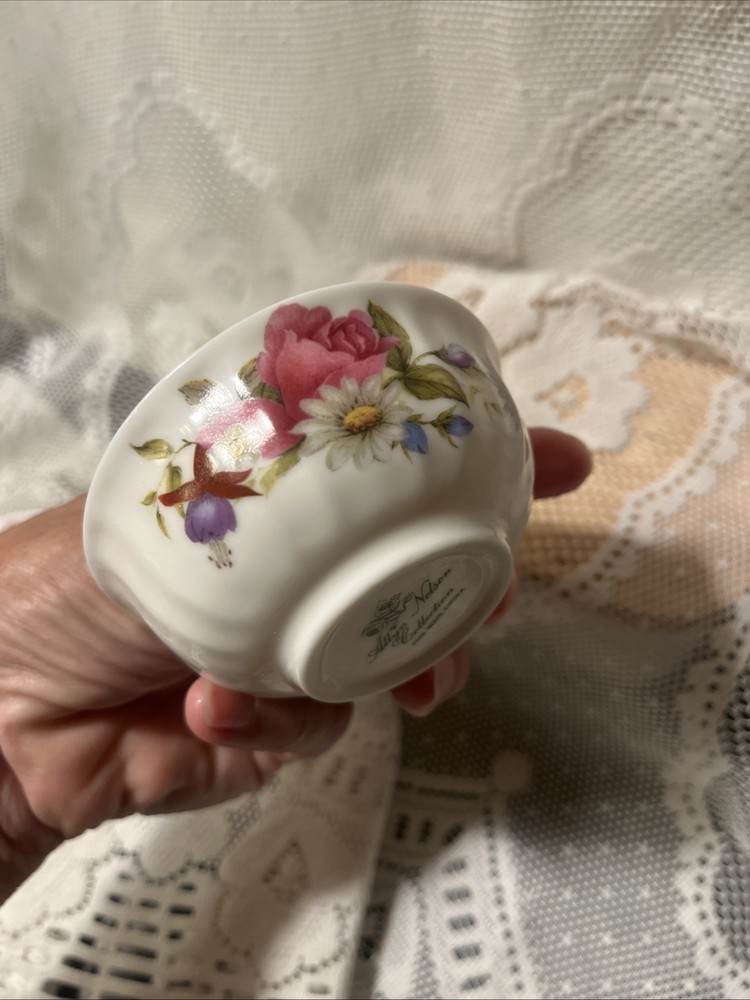 Vtg Allyn Nelson Fine Bone China Rose Pattern Tea Strainer & Drip Bowl Set