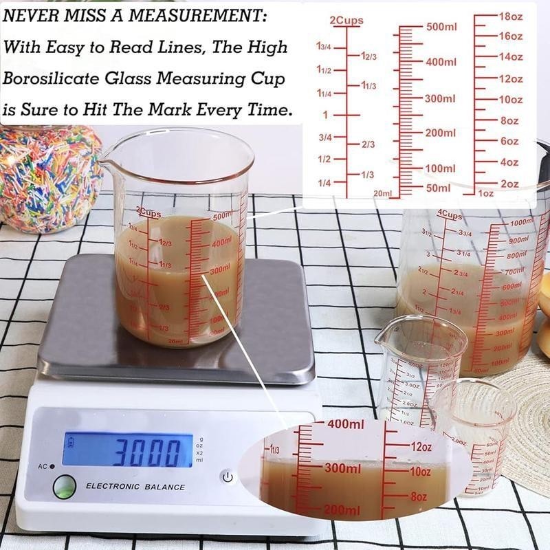 3 Piece Glass Measuring Cup Set High Borosilicate Liquid Kitchen Tools Durable