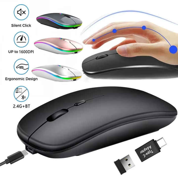 Wireless Mouse slim rechargeable Black with OTG