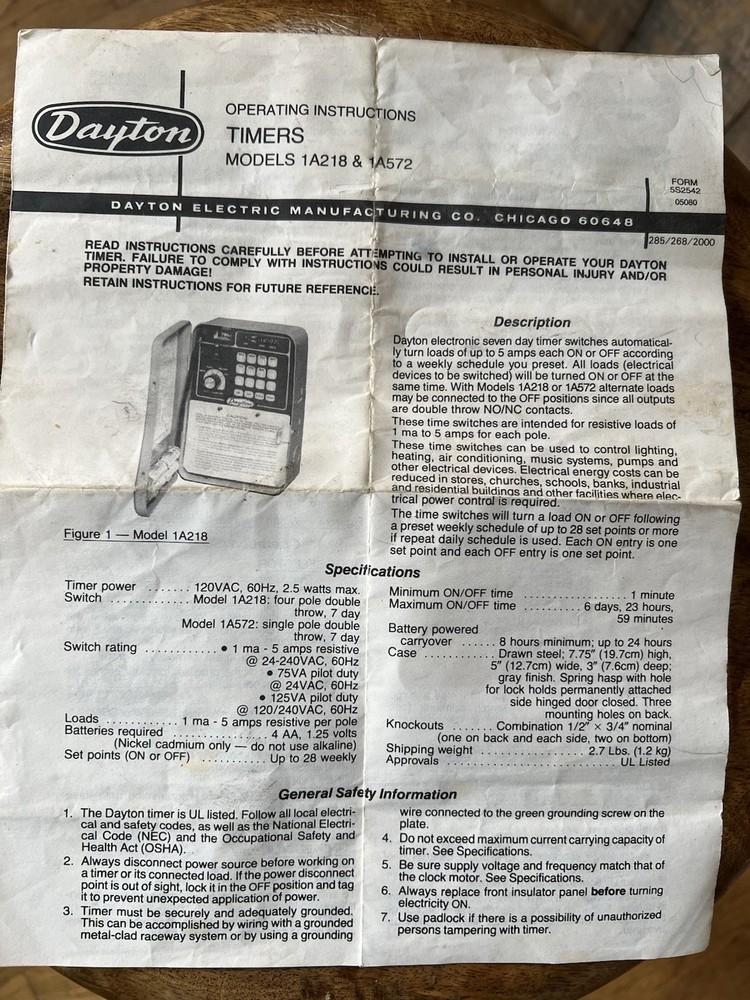 Dayton Electronic Time Switch Model: 1A218