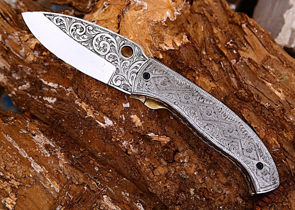 Custom Handmade D2 Steel Engraved Folding knife