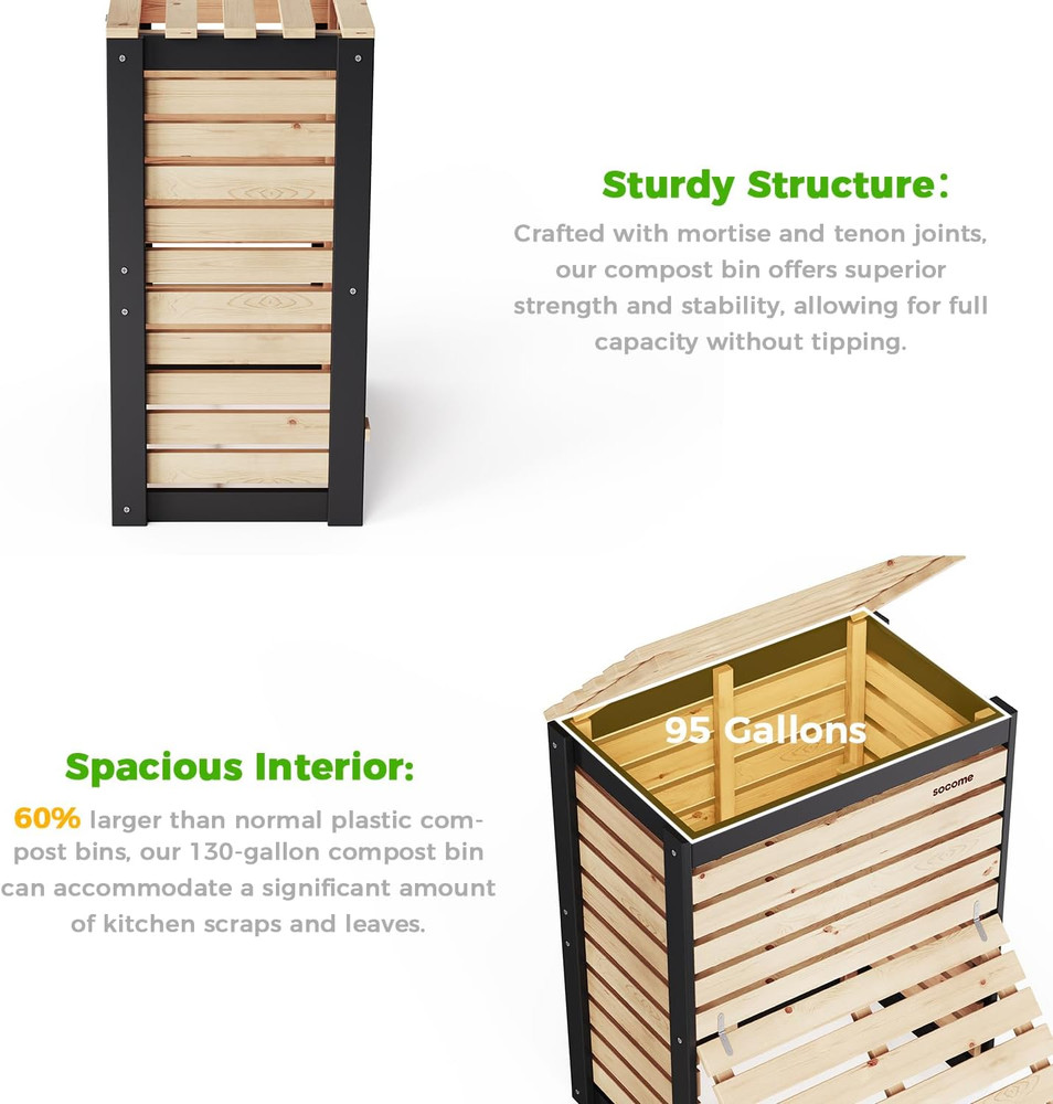 Large 95 Gallon Solid Wood Compost Bin with Pull-Out Door for Outdoor Use