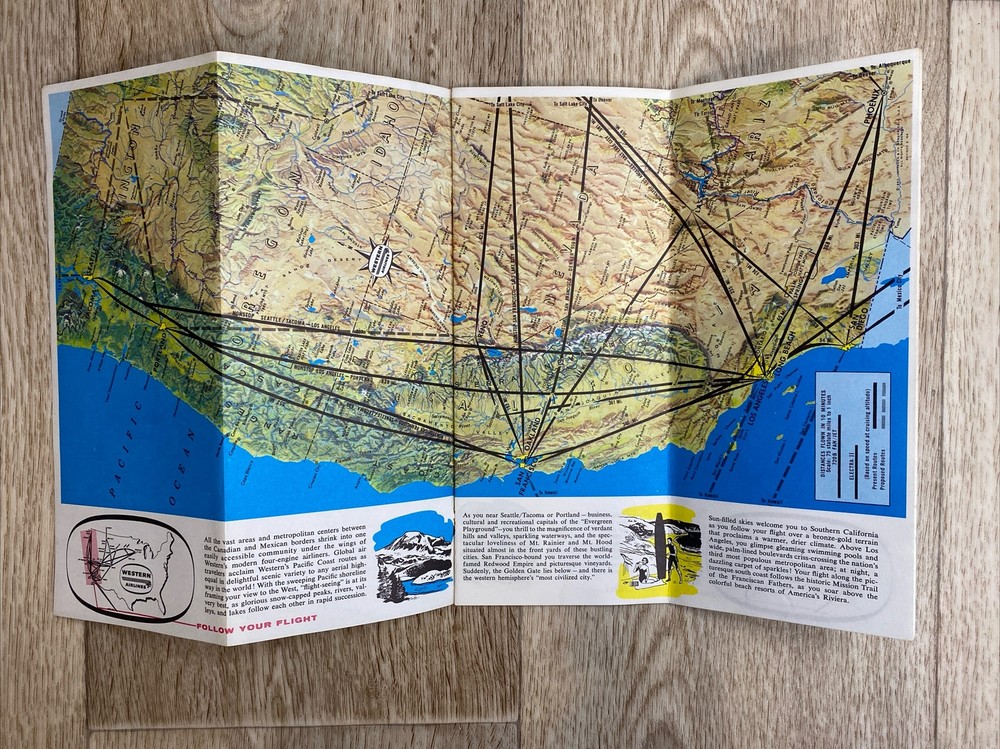 Western Airlines System Route Map and Information Guide 1960s Fold Out Maps