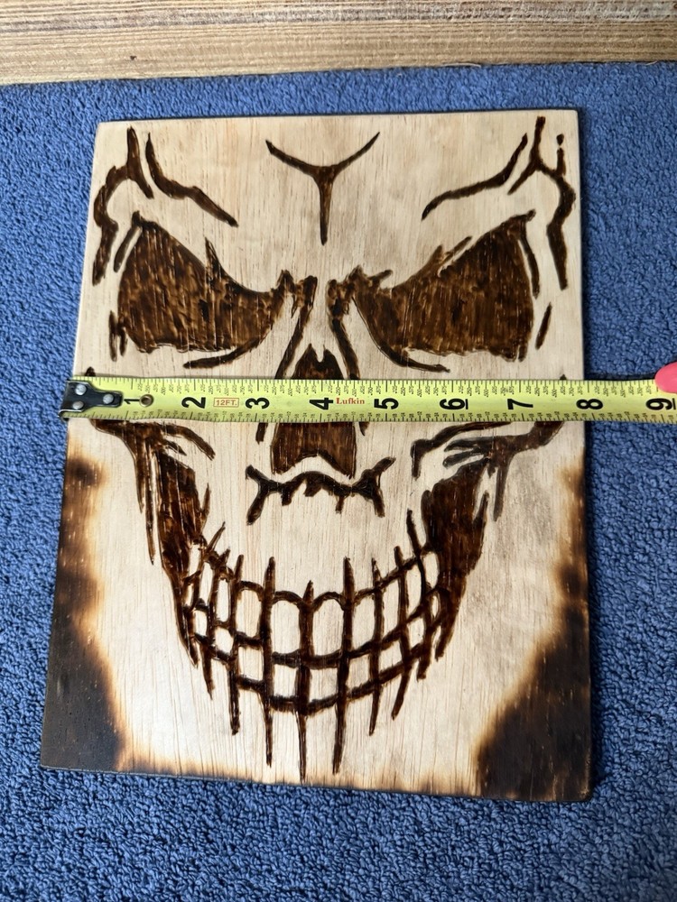 Handmade Pyrography Full Face Skull 8x10” Wall Hanging