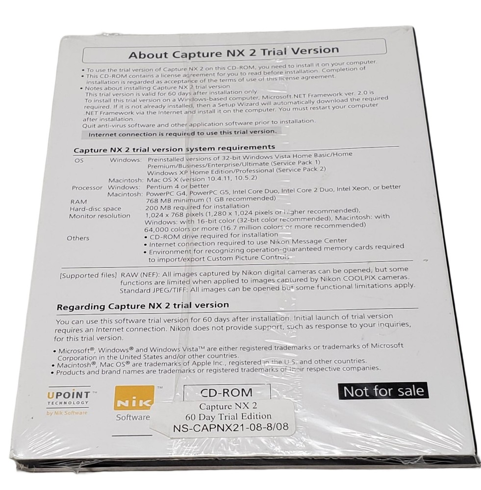 Nikon Capture NX 2 Camara Software CD Trial Version Windows & Mac Computer