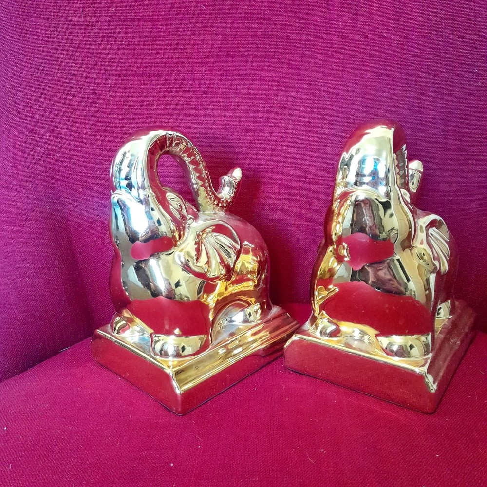 Gold Elephant Bookends Pair Ceramic 7" Tall