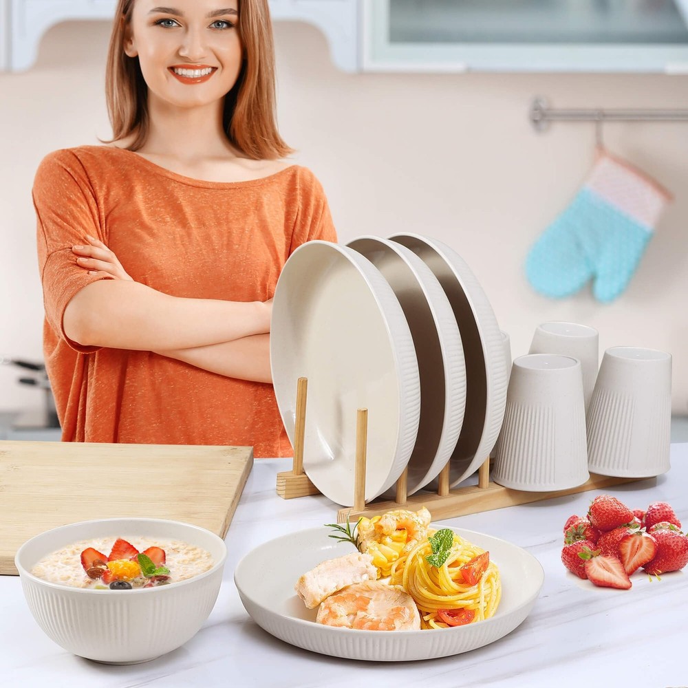 12 PCS Wheat Straw Dinnerware Set Plates Bowls Reusable Beige Dorm Room