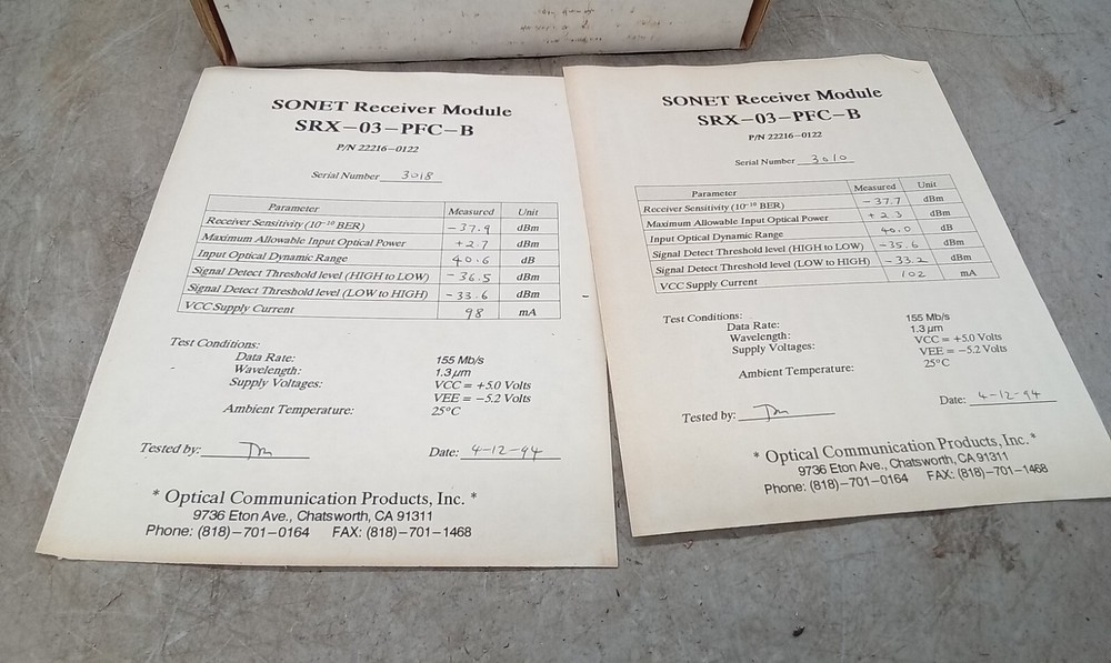 2 NOS Optical Communication Inc SONET Receiver Module SRX-03-PFC-B