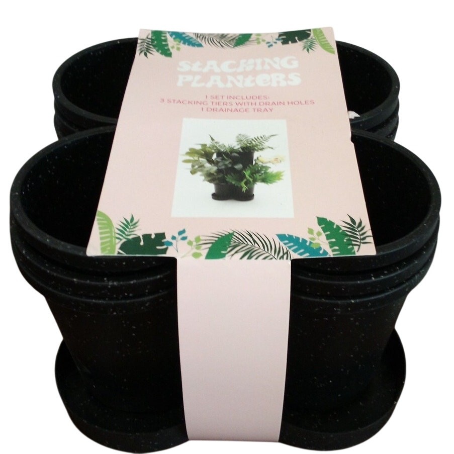 Stacking Planters – Speckled Black – 3‑Tier Set with Tray
