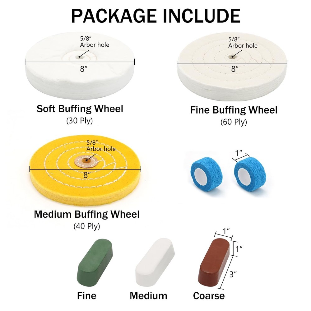 8-inch Buffing Polishing Wheels Set for Bench Grinders - 3PCS Kit