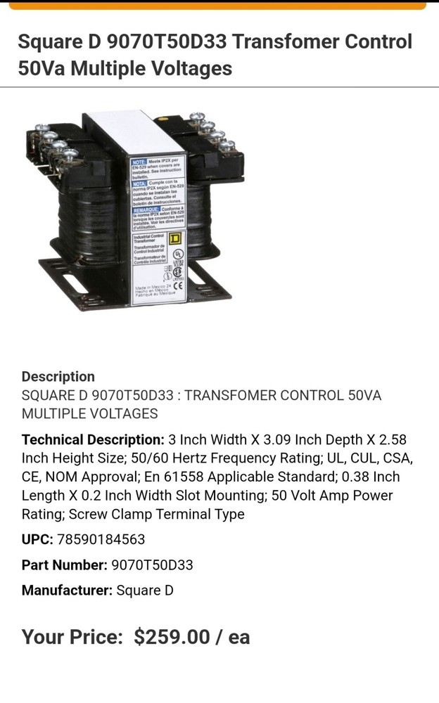Square D 9070T50D33 Transfomer Control 50Va Multiple Voltages