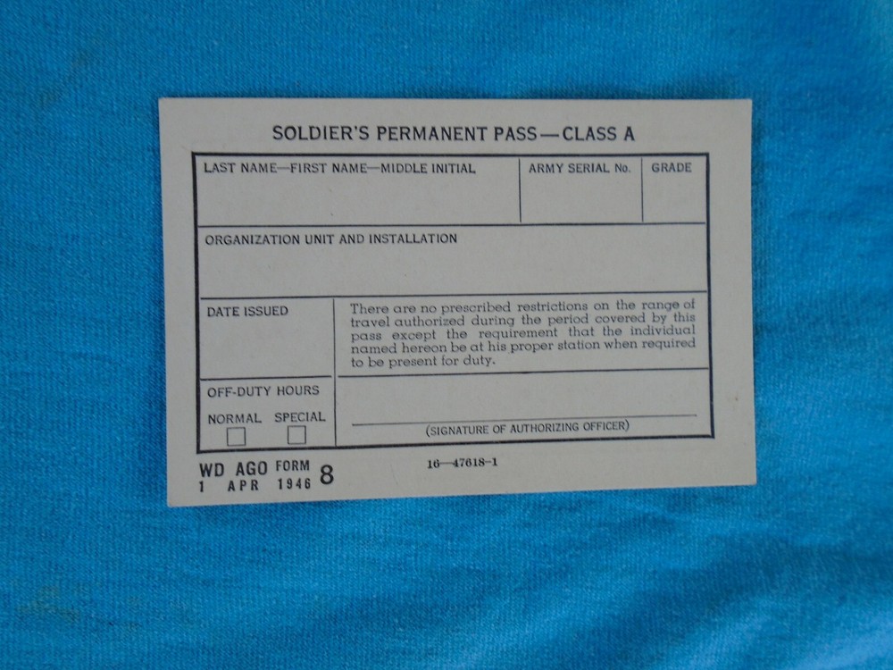 Soldier's Permanent Pass Class A WWII