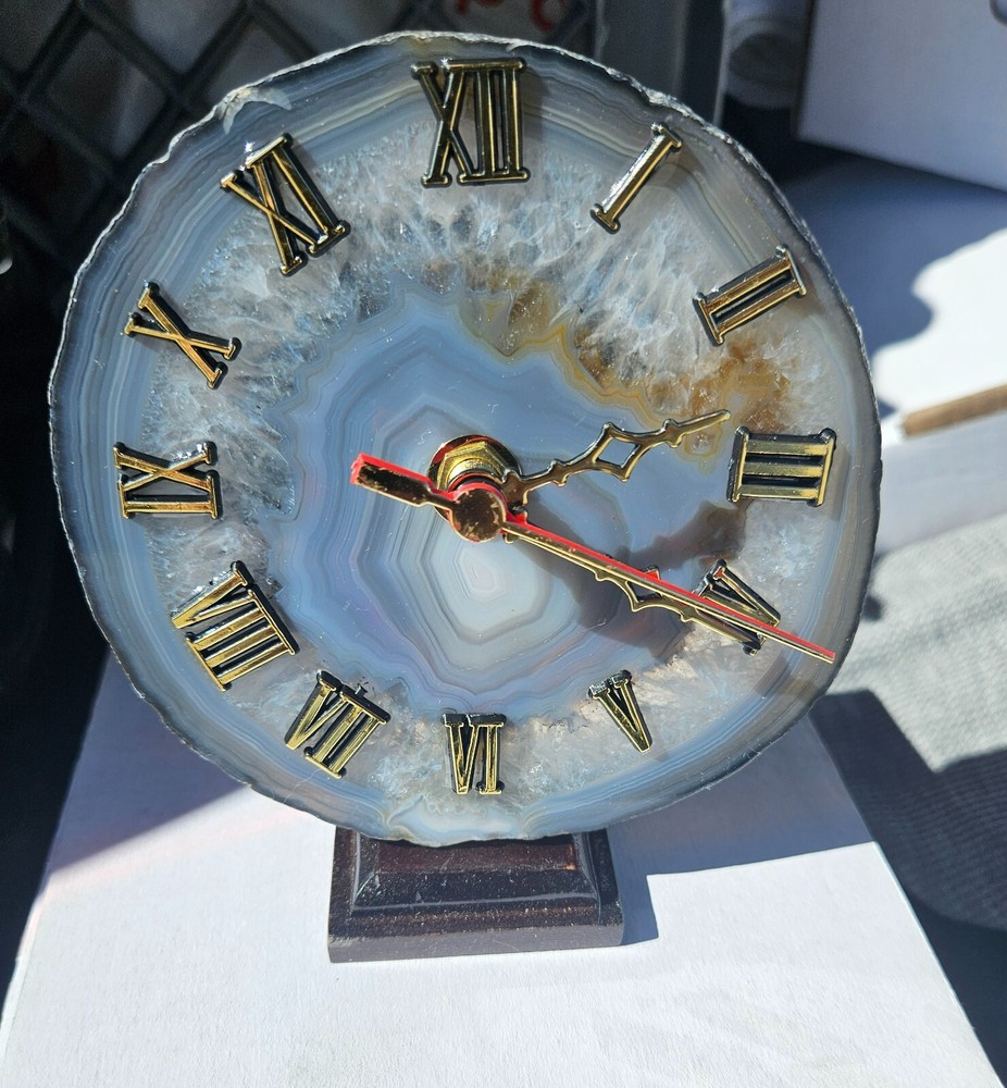 Natural Agate Slice Clock with wood Base