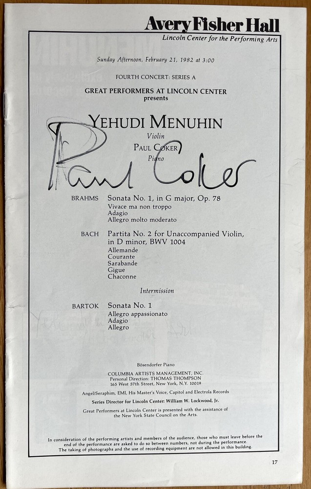 Pianist Paul Coker Autographed  Program