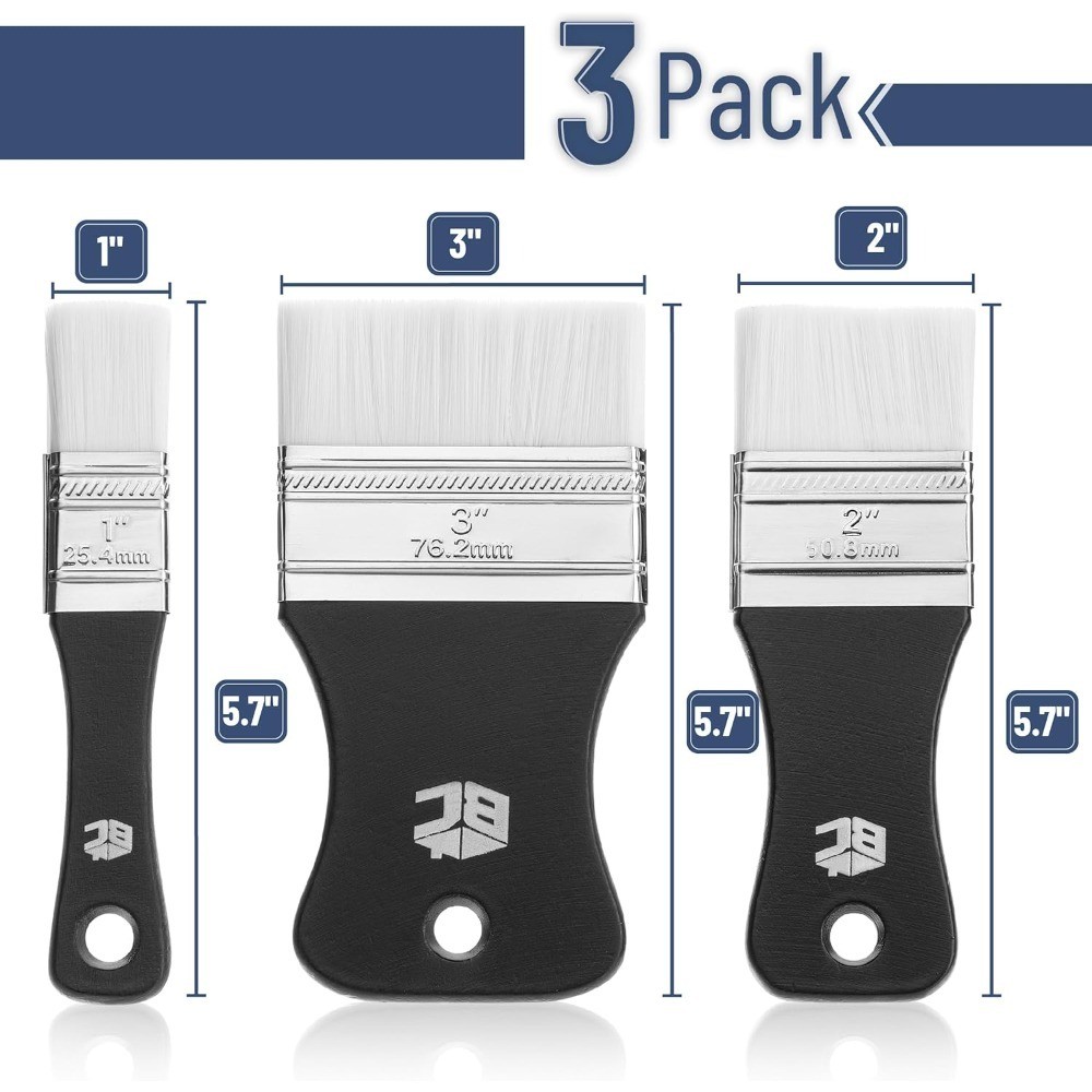 3-Pack Flat Paddle Paint Brushes with Nylon Bristles and Ergonomic Handle