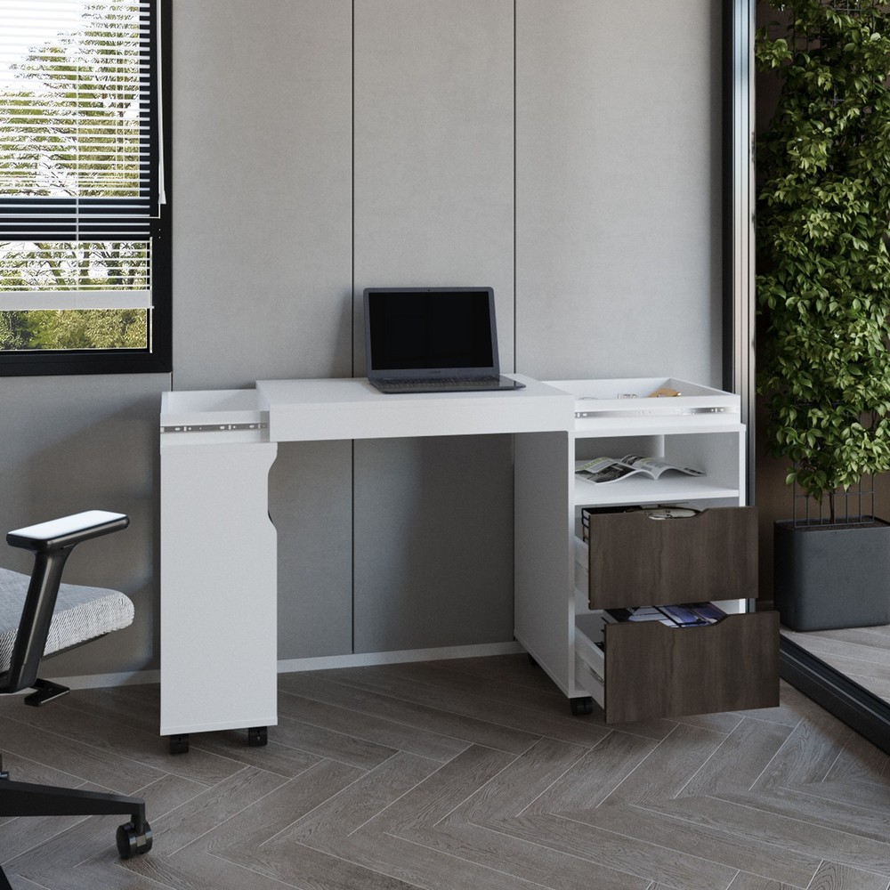 Extendable Desk with 2 Drawers and 4 Shelves, Rolling Computer Desk