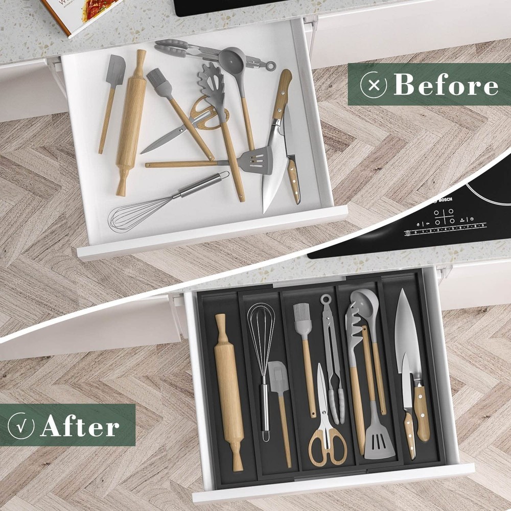 Kitchen Utensil Organizer Silverware Tray - Bamboo Flatware Organizer Expanda...