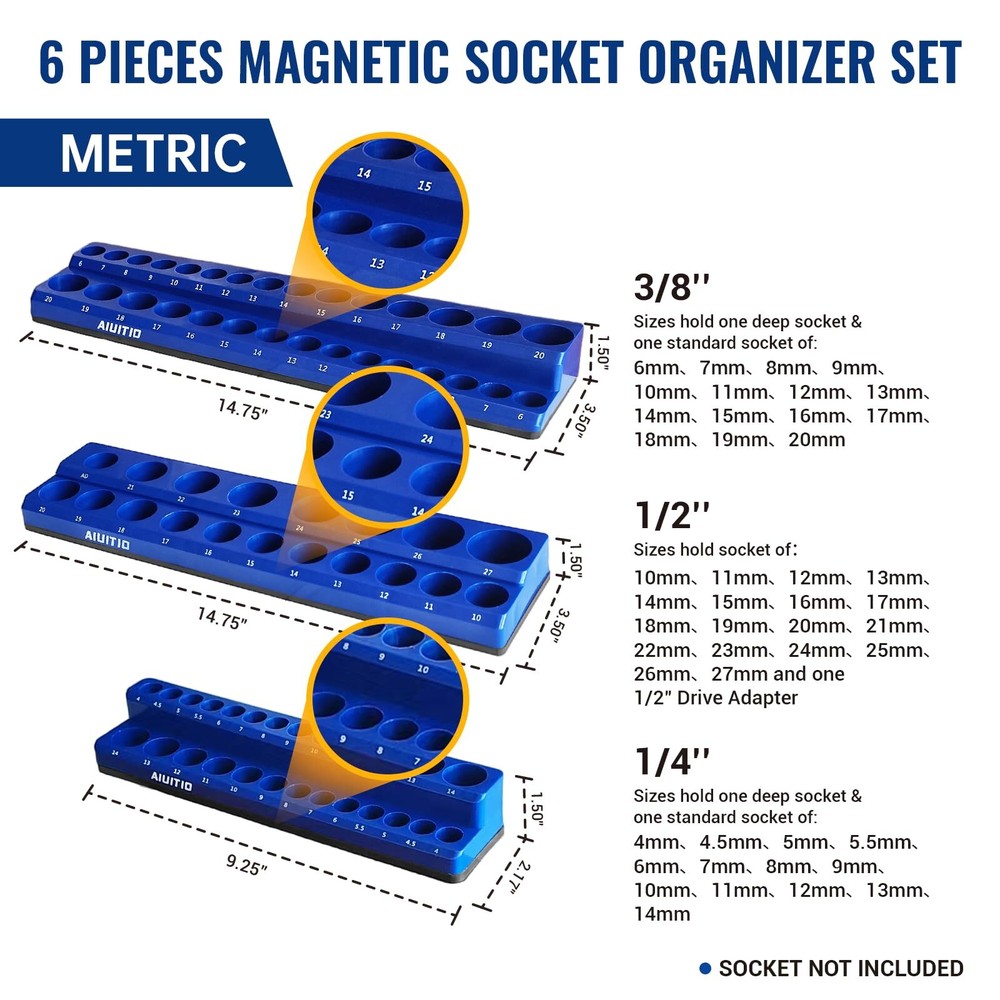 AIUITIO 6-Piece Magnetic Socket Organizer Set Magnetic Socket Holder Includes