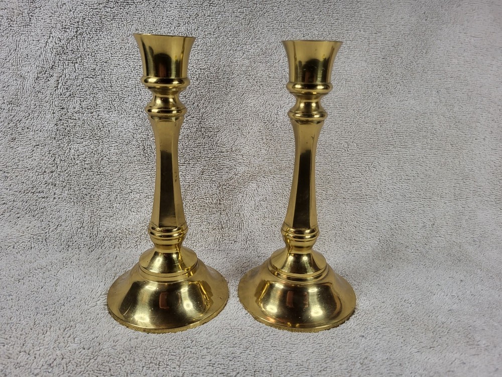 Vintage Solid Brass Hexagon Stem 7/8" Tapered Candlestick Holder Pair
