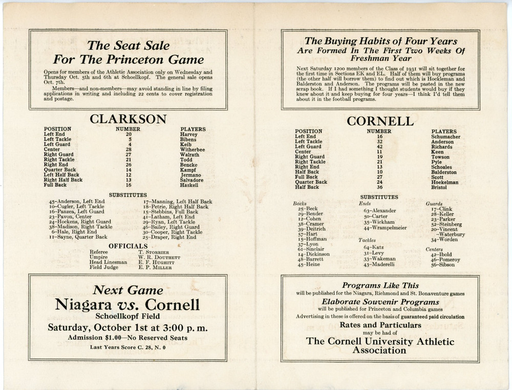 1927 Clarkson vs Cornell Official Football Program #8D