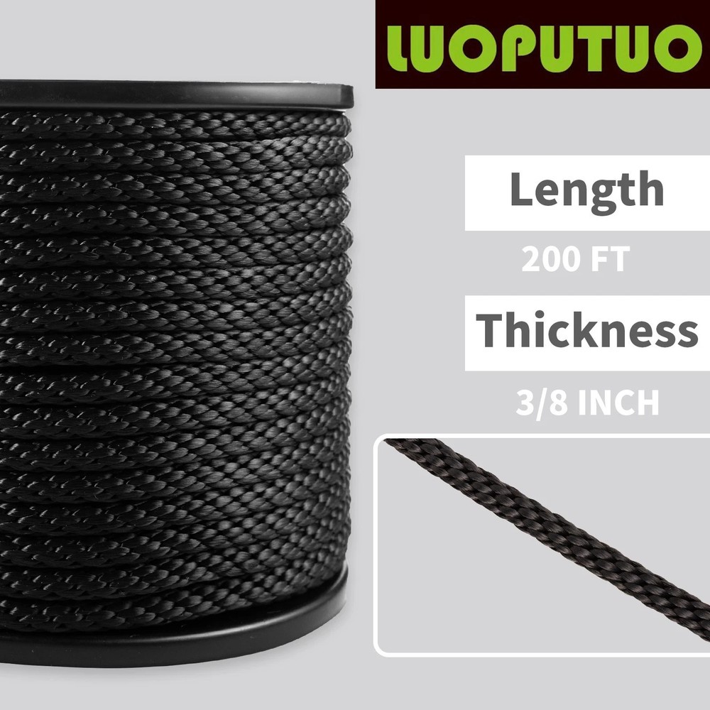 3/8'' 200' Black Polyester Solid Braid Rope