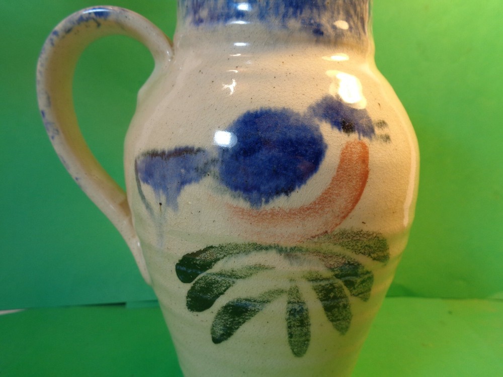 Studio Pottery 8 1/2" Pitcher, Bird Pattern, Signed (Used/EUC)