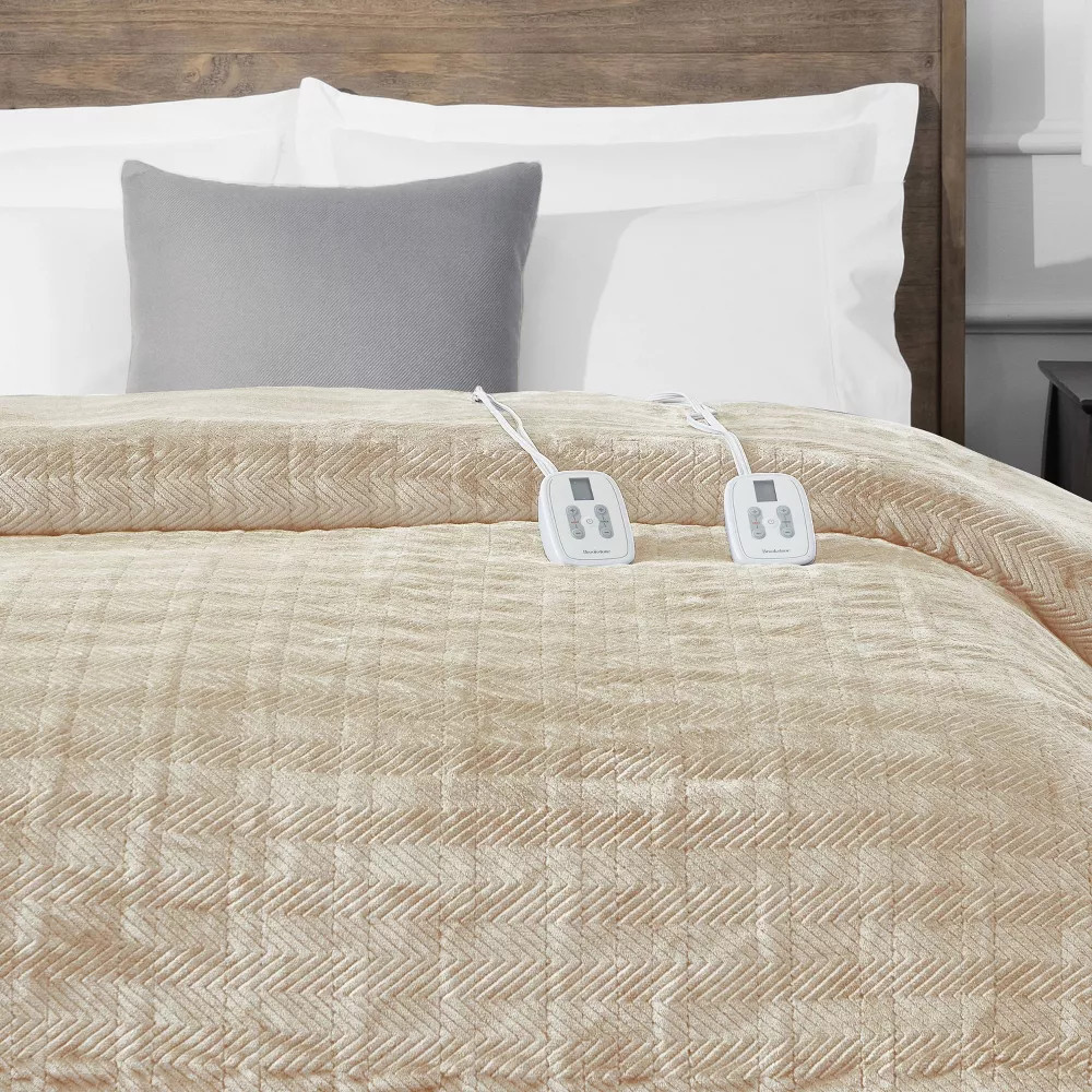 Brookstone King Heated Micro Herringbone Blanket Taupe