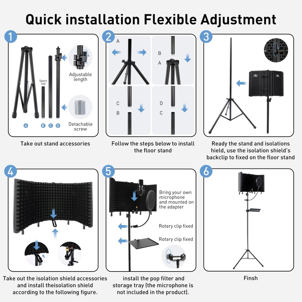 5-Sided Isolation Shield Microphone Stand, Studio-Grade Soundproof Booth with...