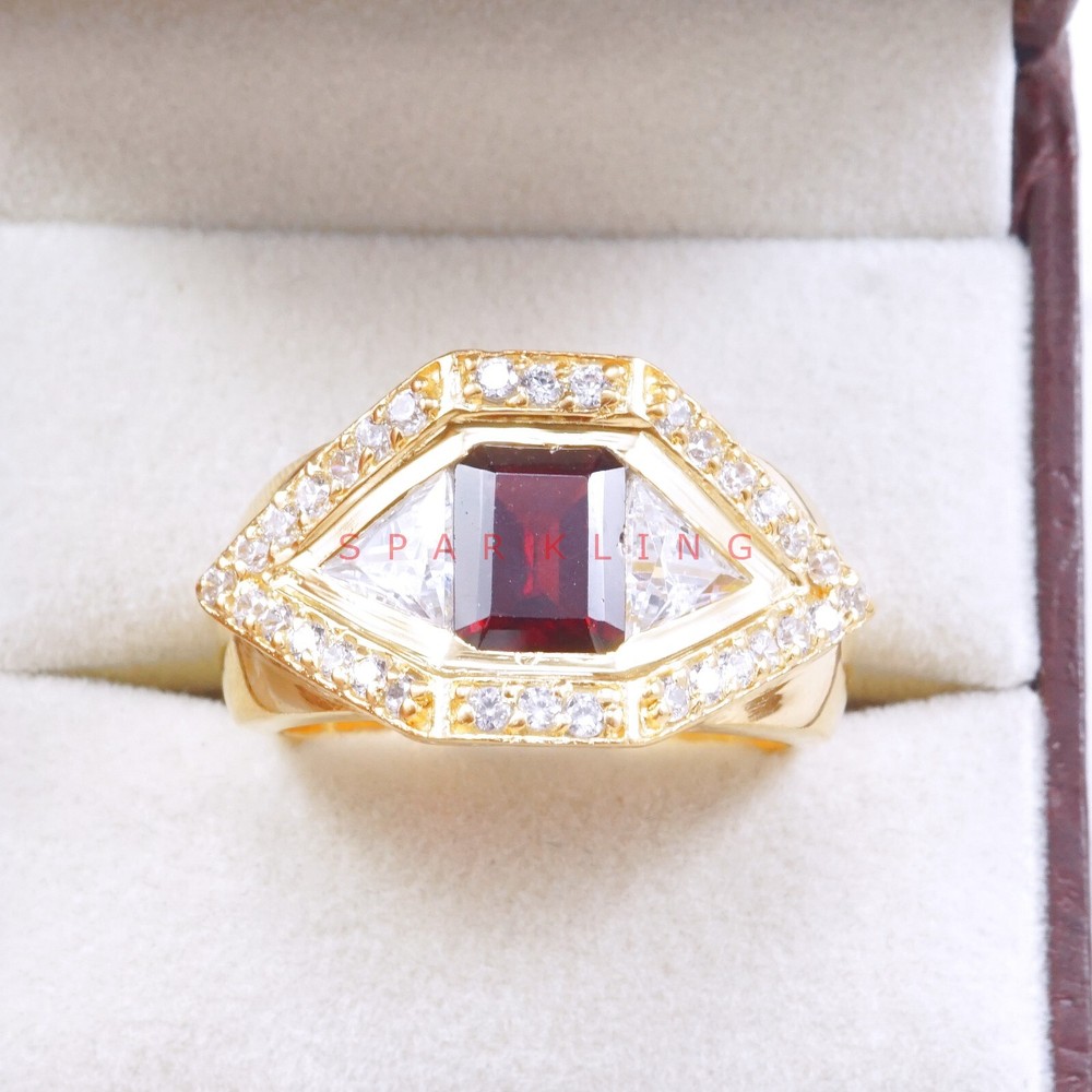 Garnet Emerald Cut With 14K Solid   Gold  Ring For Men's #E516