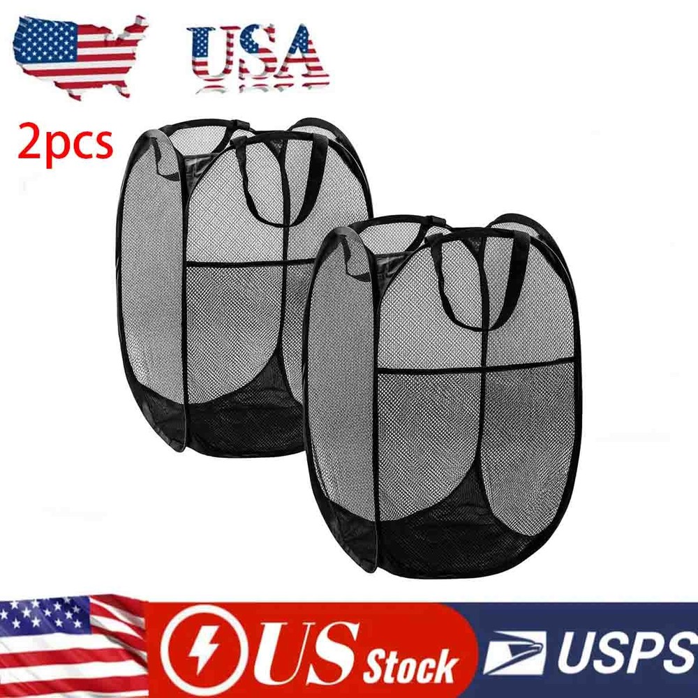 Two foldable pop-up laundry baskets, mesh foldable black laundry baskets