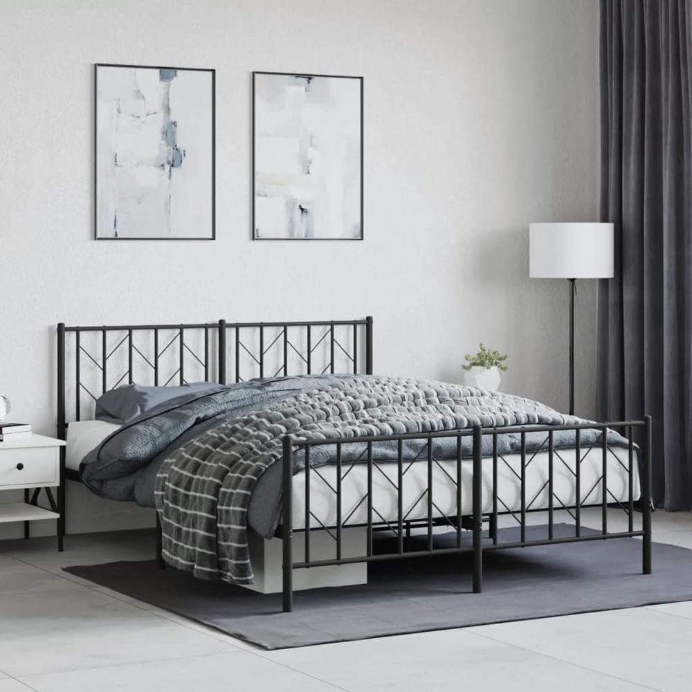 Bed Frame Black Powder-Coated Steel King Size Bed Frame