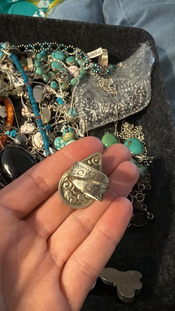 Turquoise teardrop adjustable German silver stamped ring