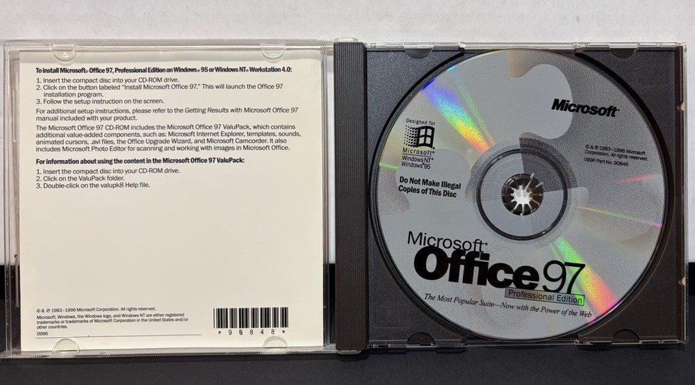 MICROSOFT OFFICE 97 Professional Edition CD w/ Key Code 1997 for Windows 95 NT